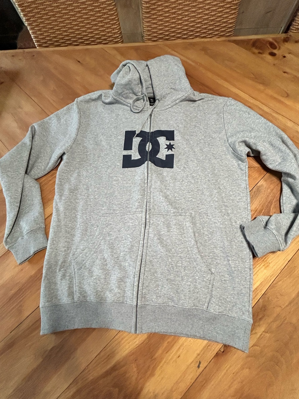 DC Men’s Light Gray Zip-Up Hoodie with Black Logo